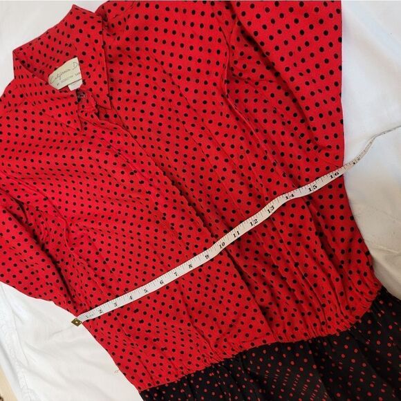 VINTAGE 80s red and black polka dot long sleeve modest midi dress M - Picture 8 of 10